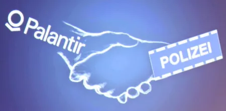 Grafik zweier sich schüttelnder Hände. An der linken Hand steht das Palantir-Logo an der rechten das Logo der Polizei.